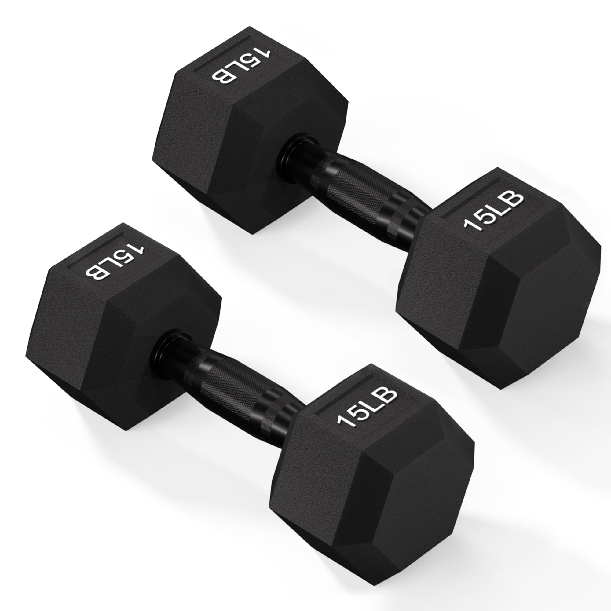 Fitvids Rubber Encased Exercise & Fitness Hex Dumbbell, Hand Weights with Anti-Slip Metal Handle for Home Gym, Multiple Sizes, 15LB Pair Image