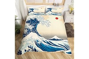 Castle Fairy Waves Pattern Bedding Set Twin Size for Kids Boys Bedroom,Japanese Ukiyo-e Bed Duvet Cover Set,Red Sun Comforter Cover Ocean Decor 2 Pieces 1 Duvet Cover with 1 Pillowcase No Comforter