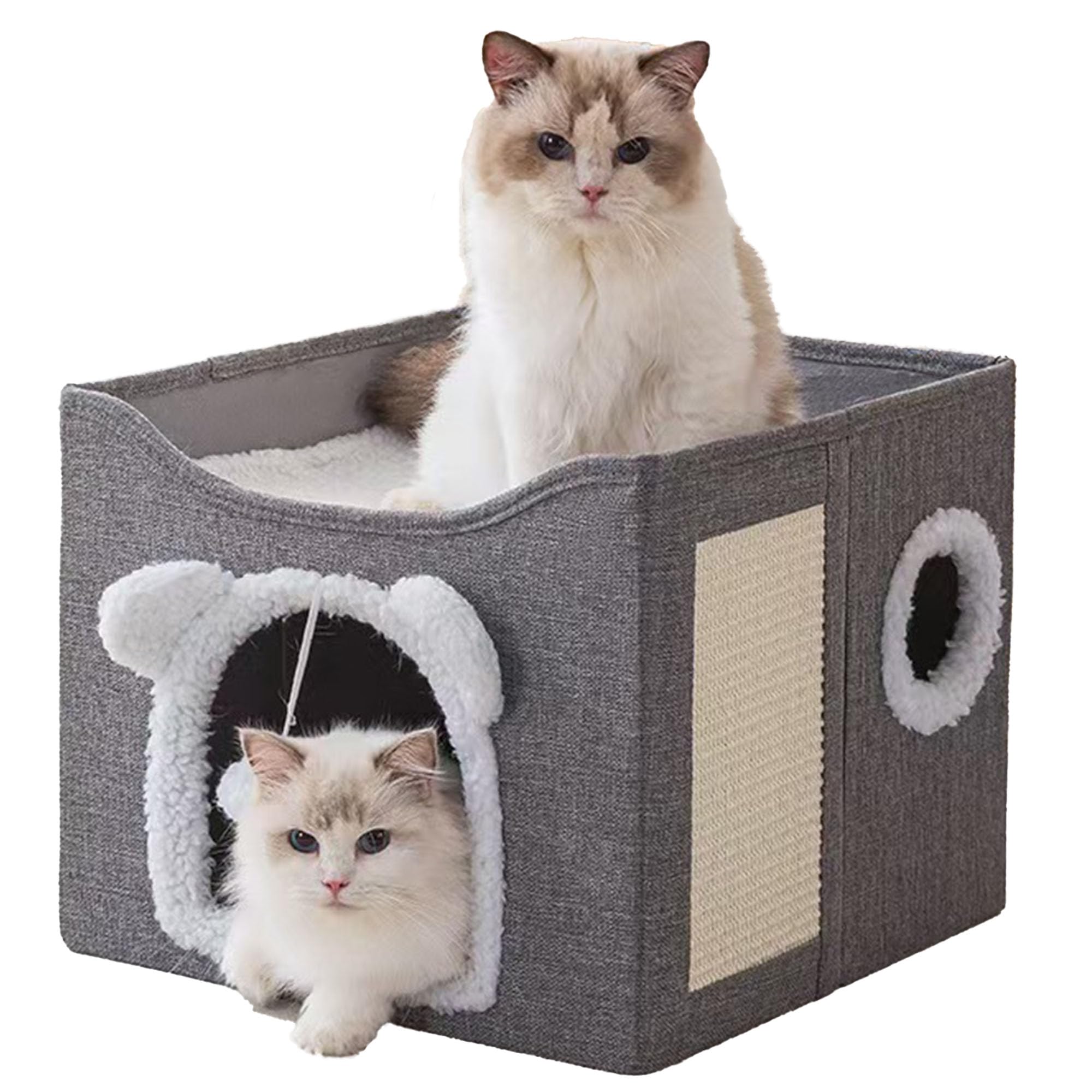 Photo 1 of yannayeri Large Cat House for Indoor Cats Foldable Hideaway with Hanging Fluffy Ball & Scratch Pad with Washable Removeable Cover 16.5 * 16.5 * 13 inch Grey