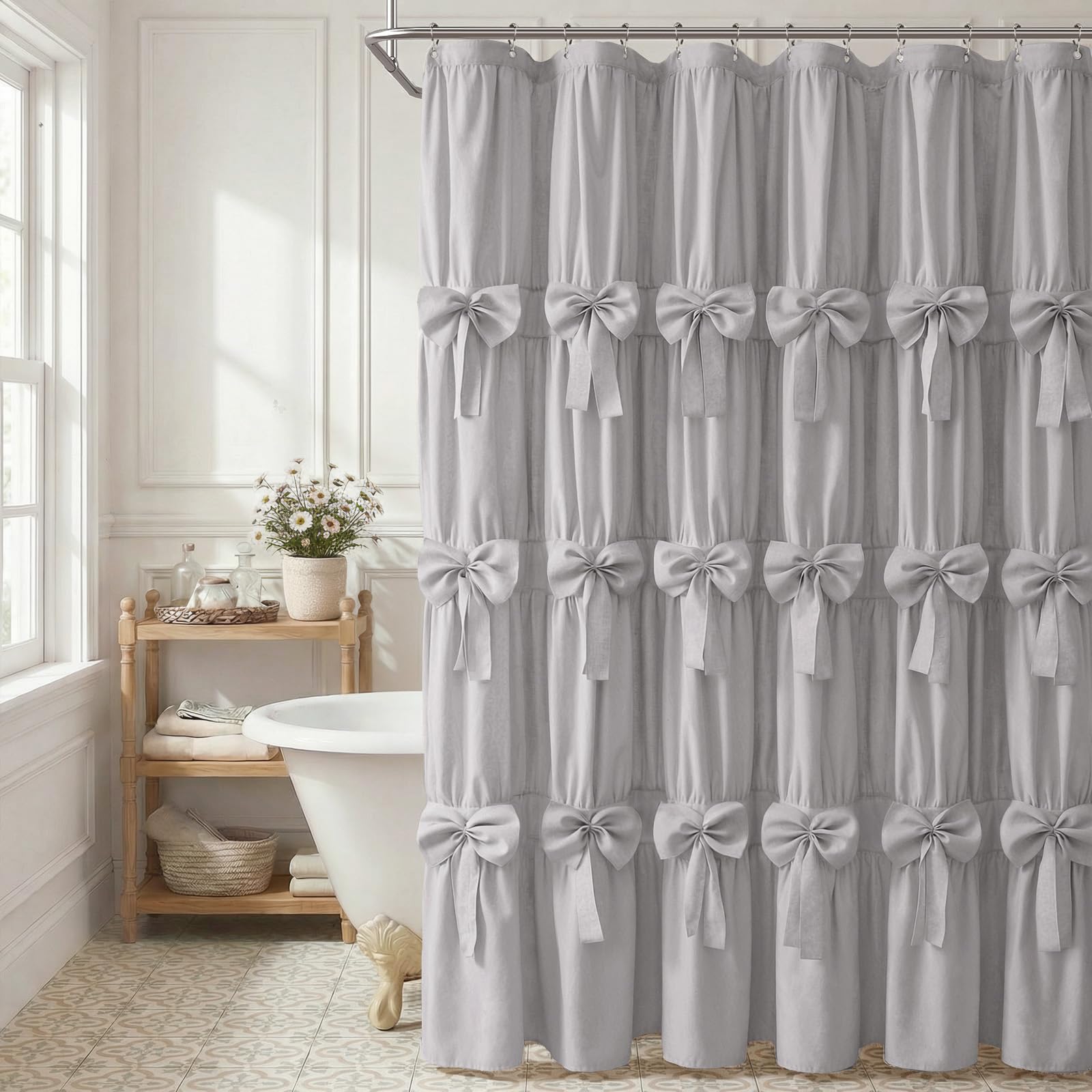 Photo 1 of XOGUIBO Farmhouse Bows Shower Curtain Cute Vintage Ruffle Shower Curtains for Bathroom,Light Gray,72" W x 72" L
