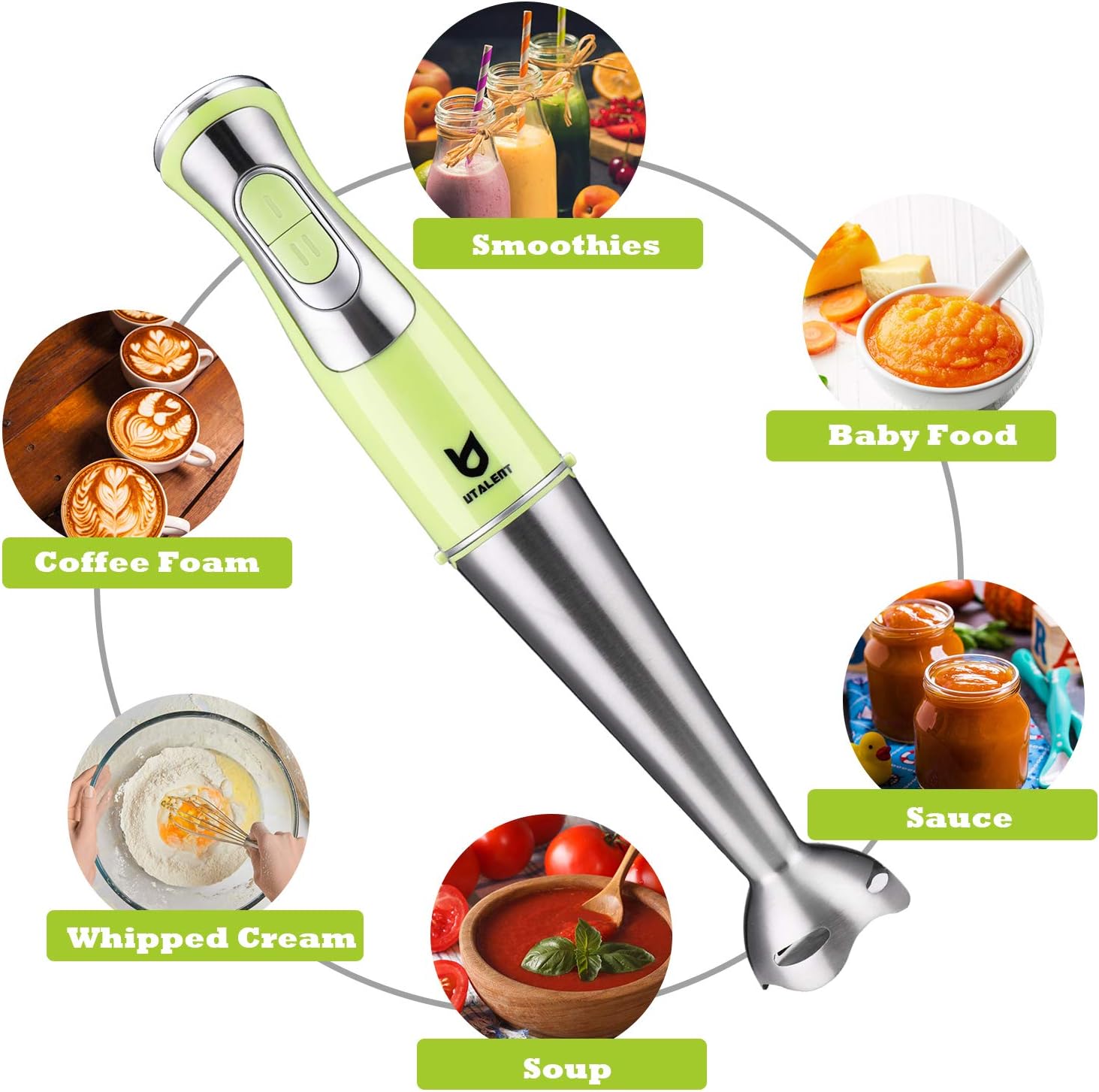 Immersion Hand Blender, Utalent 3-in-1 8-Speed Stick Blender with Milk Frother, Egg Whisk for Coffee Milk Foam, Puree Baby Food, Smoothies, Sauces and Soups - Green: Kitchen & Dining