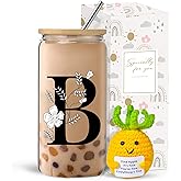 fcaylo Monogrammed Initial Glass Cup with Lids and Straws, Personalized Gift Set with Doll, 16 Oz Ice Coffee Cup for Women, Birthday Christmas Mothers Day Gift for Her, B