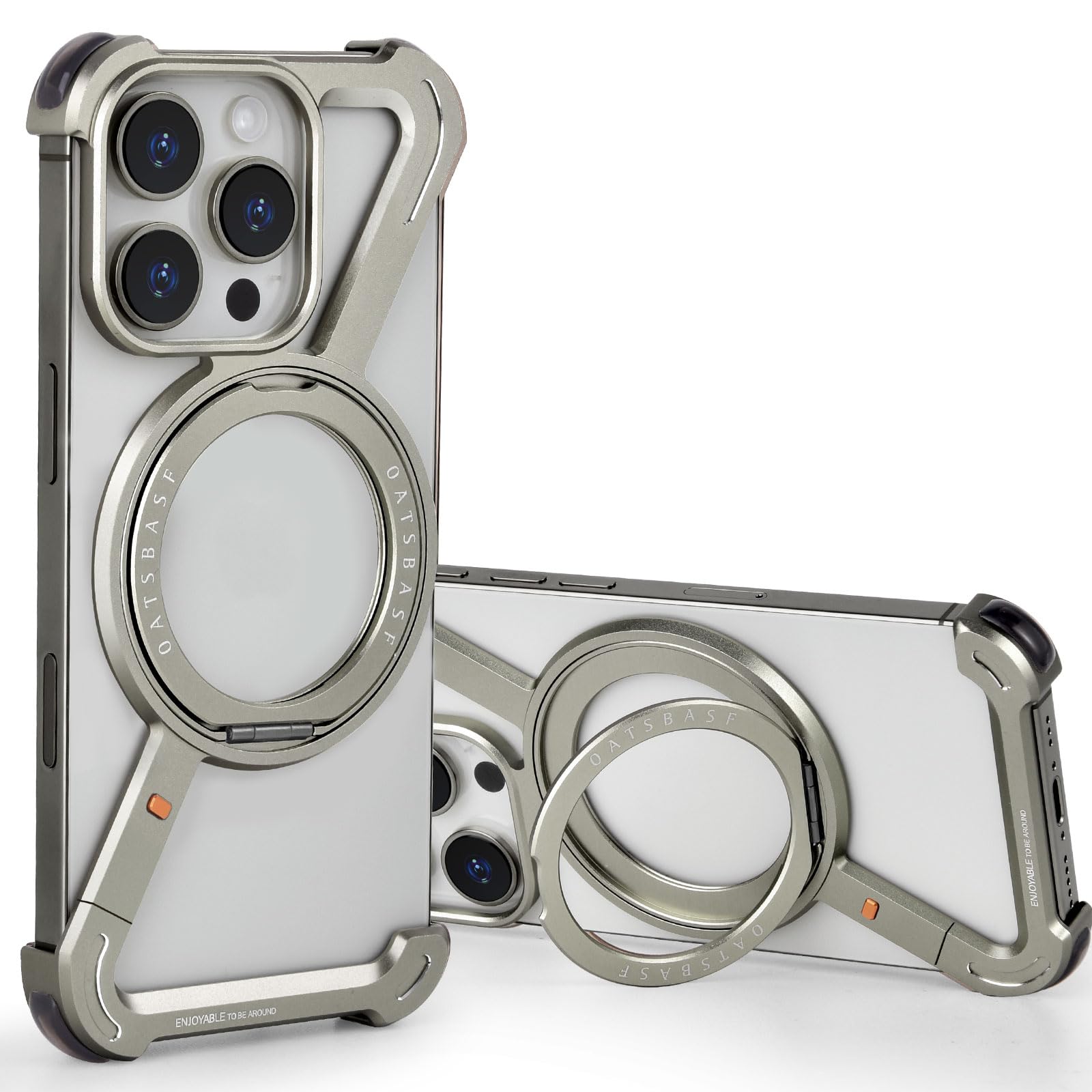 Photo 1 of OATSBASF Minimalist Phone Case Compatible with iPhone 16 Pro 6.3", 360° Rotation Kickstand Aluminum Metal Frameless Design Bumper Z Case, Protective Shock Grade Shell, Natural Titanium