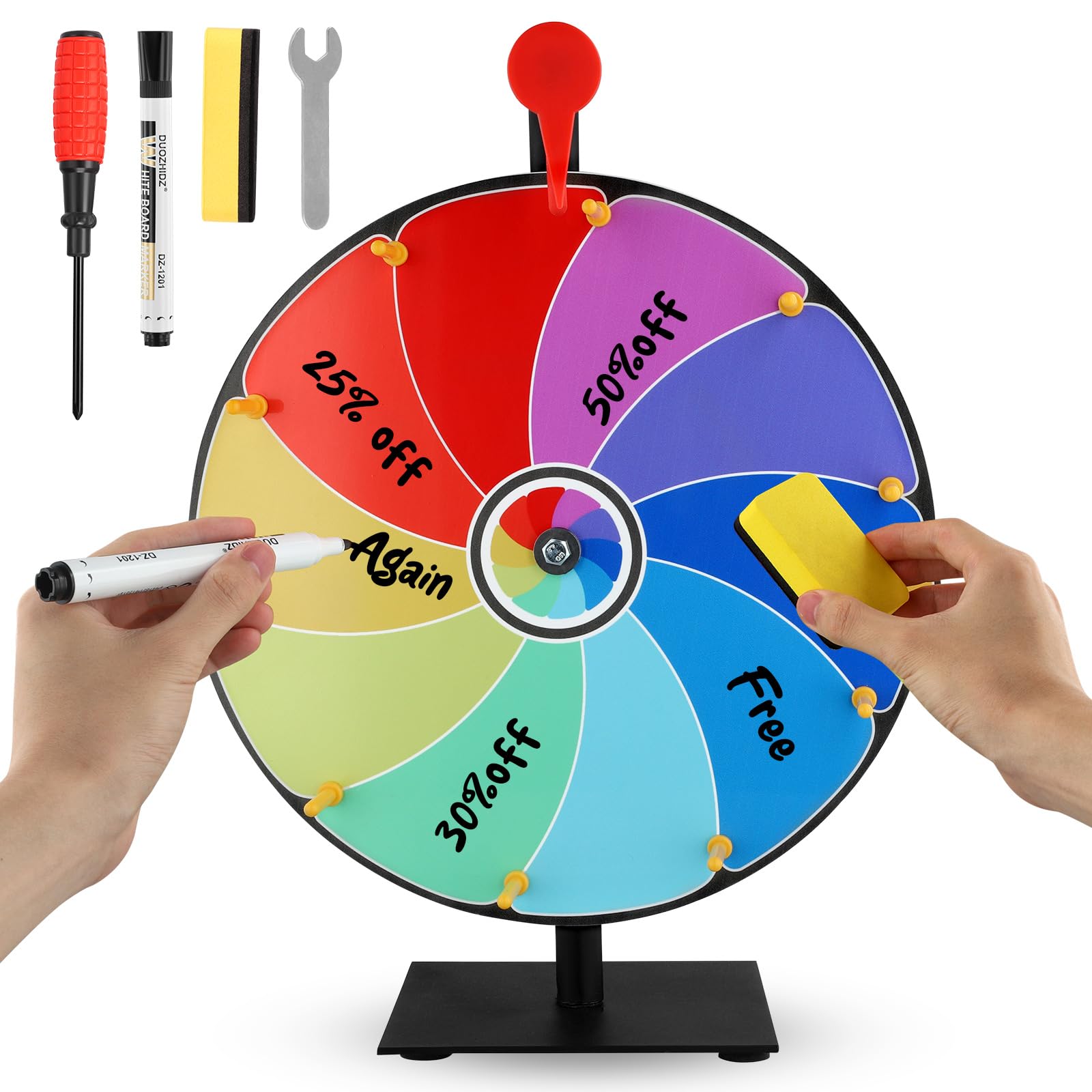 Spinning Prize Wheel, 12 Inch Heavy Duty Roulette Wheel With Stand, Dry Erase Marker and Eraser, 10 Slots Color Tabletop Roulette Spinner of Fortune, for Trade Show, Carnival, Win Fortune Spin Games