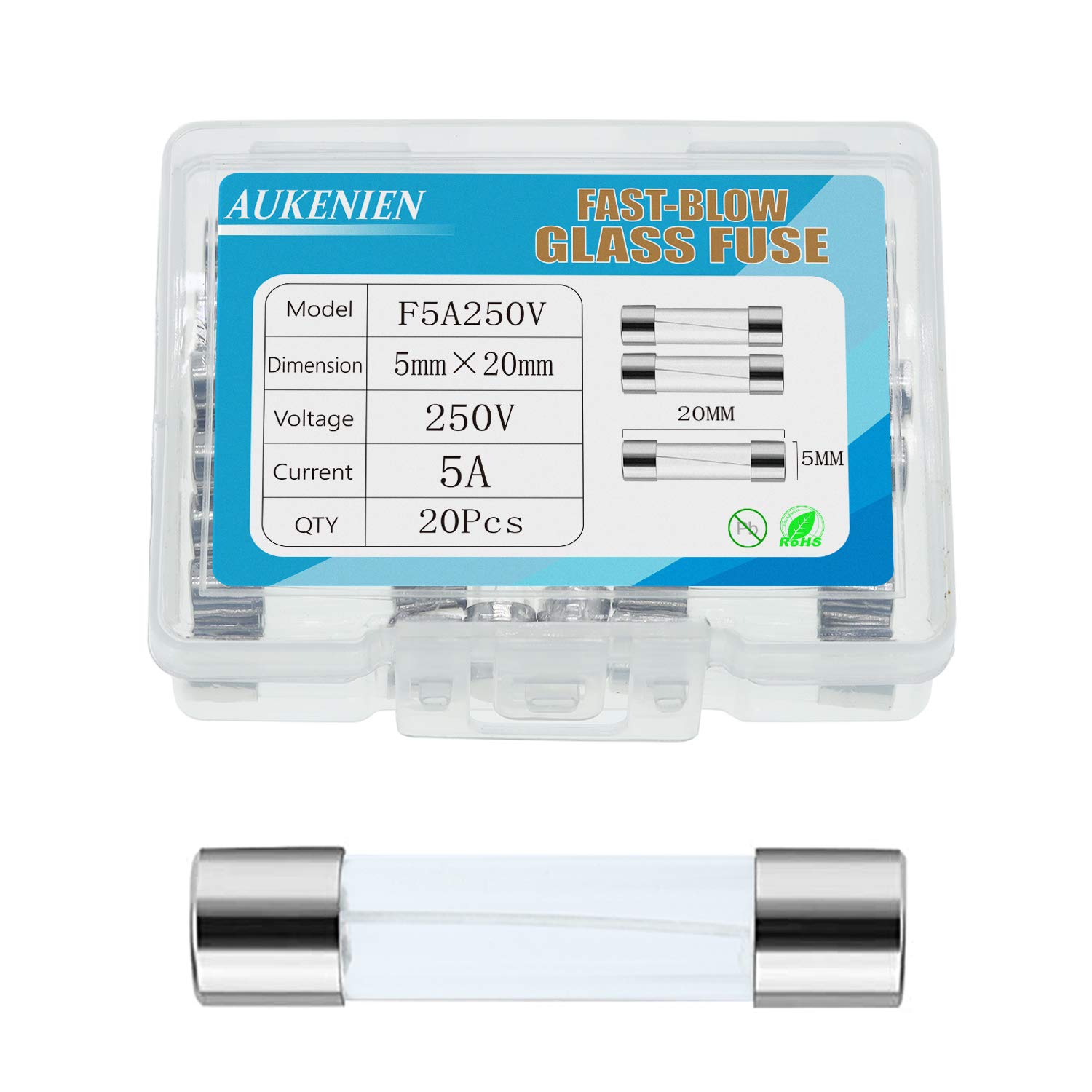 AUKENIEN 5A 250V Fast Blow Glass Fuse - F5AL250V 5Amp 250 Volt Fuses 5x20 mm Multiple Values (Pack of 20)