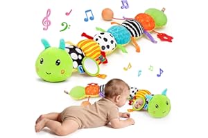 Baby Sensory Toy 0-6 Month Music Animal Stuffed Plush Caterpillar Toy for Infant 0-3-6-12 Month Old Tummy Time with Mirror Crinkle Rattle Toys for Newborn Boys Girl Shower Gifts Easter Basket Stuffer