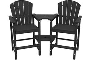 SERWALL Tall Adirondack Chairs Set of 2 with Double Layer Connecting Tray, HDPE Bar Height Outdoor Chairs, Wood-Like Adirondack Bar Stools for Patio, Balcony, Porch, Black