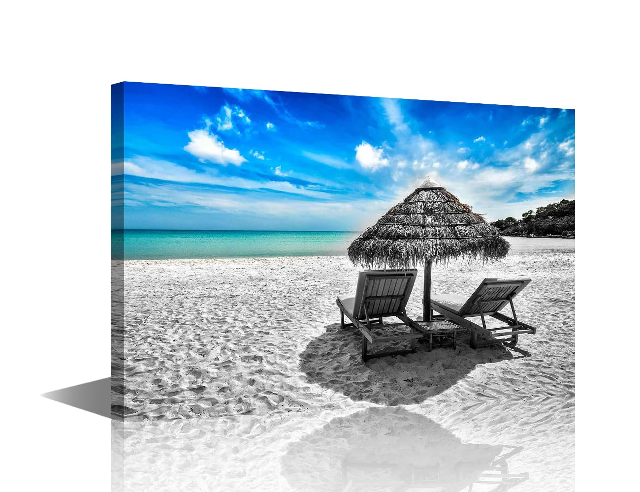 TISHIRON Black and White Canvas Wall Art Landscape Sandy Beach Reclining Chair and Sunshade Hut Seaside Print Wall Hanging Decor for Bedroom Living Room Dorm Ready to Hang 16X24in