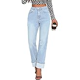 ETTELO Womens Jeans High Waisted Stretchy Straight Leg Jeans for Women Tummy Control Trendy Cute Ankle Fold Hem Jeans Pants