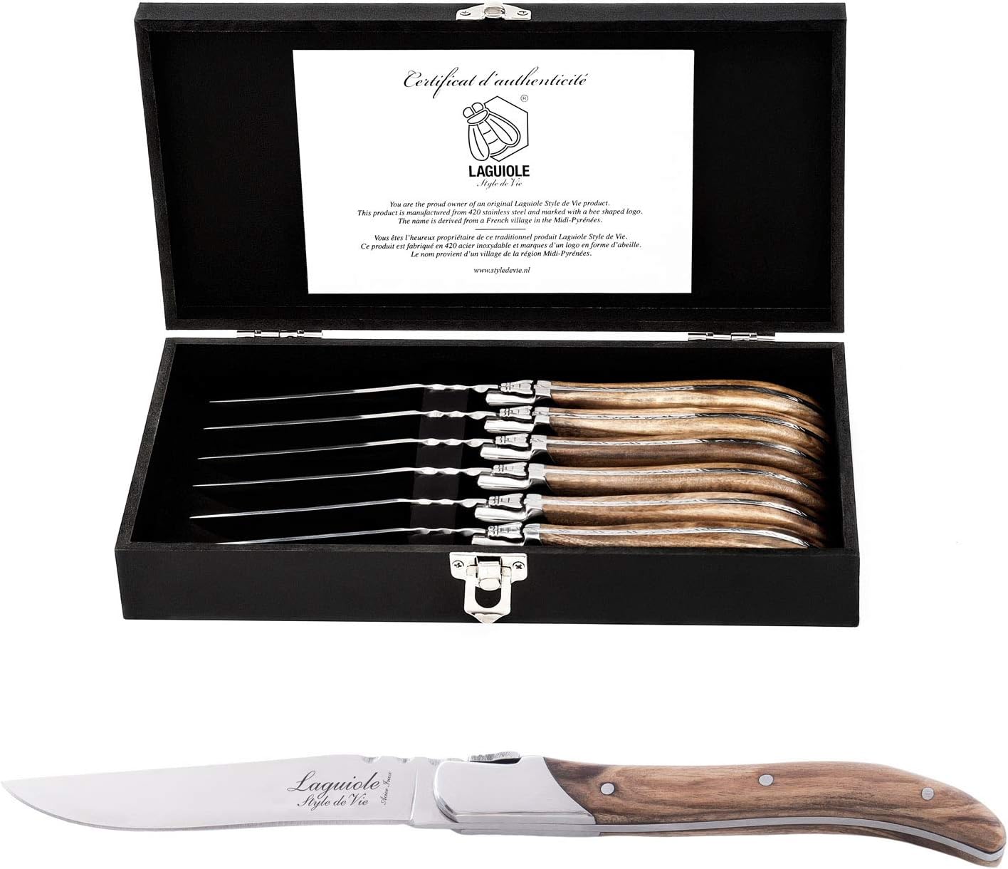 Laguiole Style de Vie Steak knives Luxury Line, set of 6, Olive wood