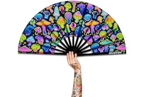 Raveahem UV Glow Rave Fan, Bamboo Folding Clack Hand Fan for Men Women (Mushrooms, Large 13")