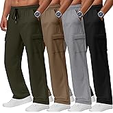 August Alley 4 Pack Men's Cargo Sweatpants Straight Leg Open Bottom Baggy Joggers Pockets Drawstring Lightweight Lounge Pants