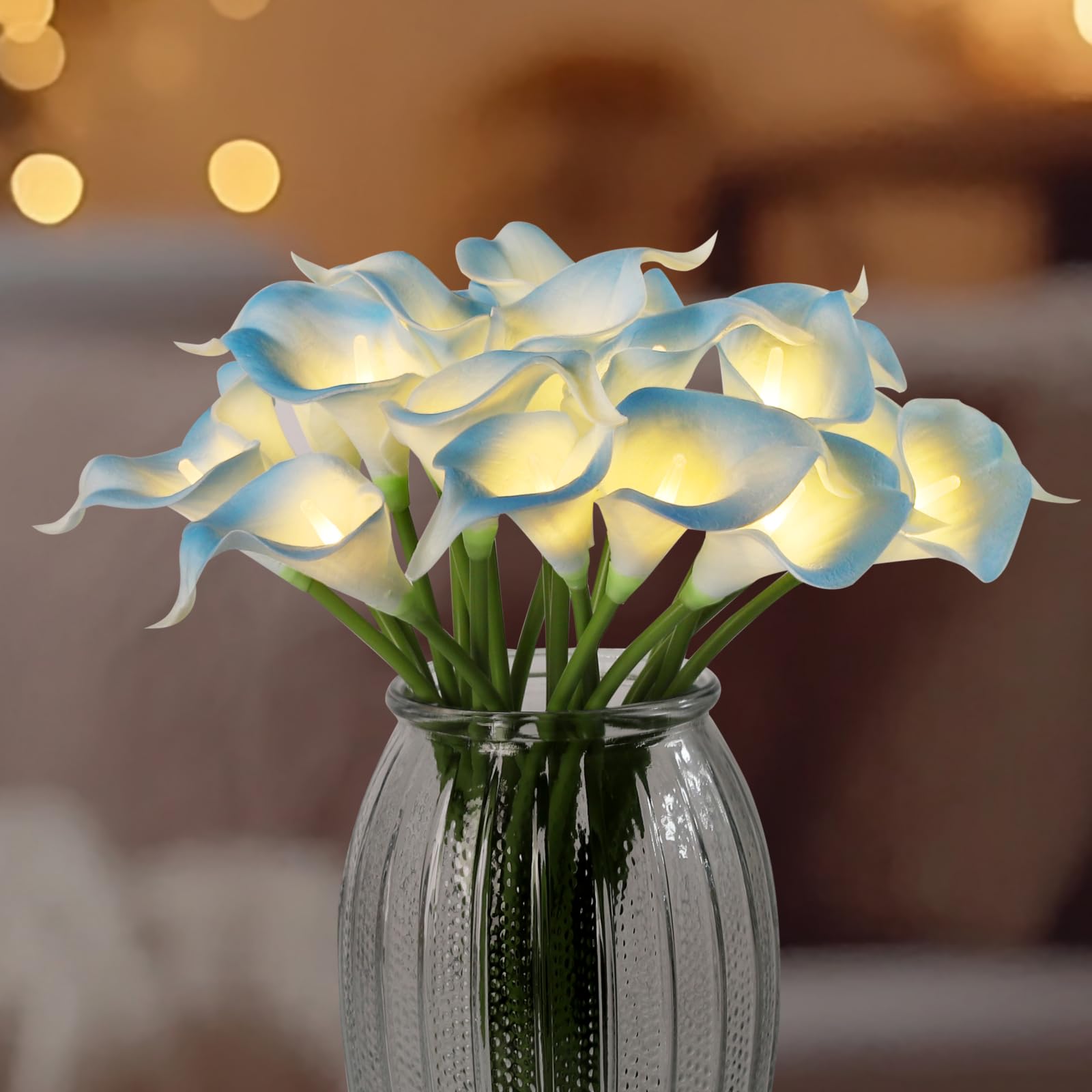 Photo 1 of 20pcs Artificial Calla Lily Bouquet Lamp Faux Floarl Night Light Real Touch Flower Night Lamp LED Calla Lily Lighted Artificial Flower for Her Gifts Home Kitchen Decor(Light Blue)