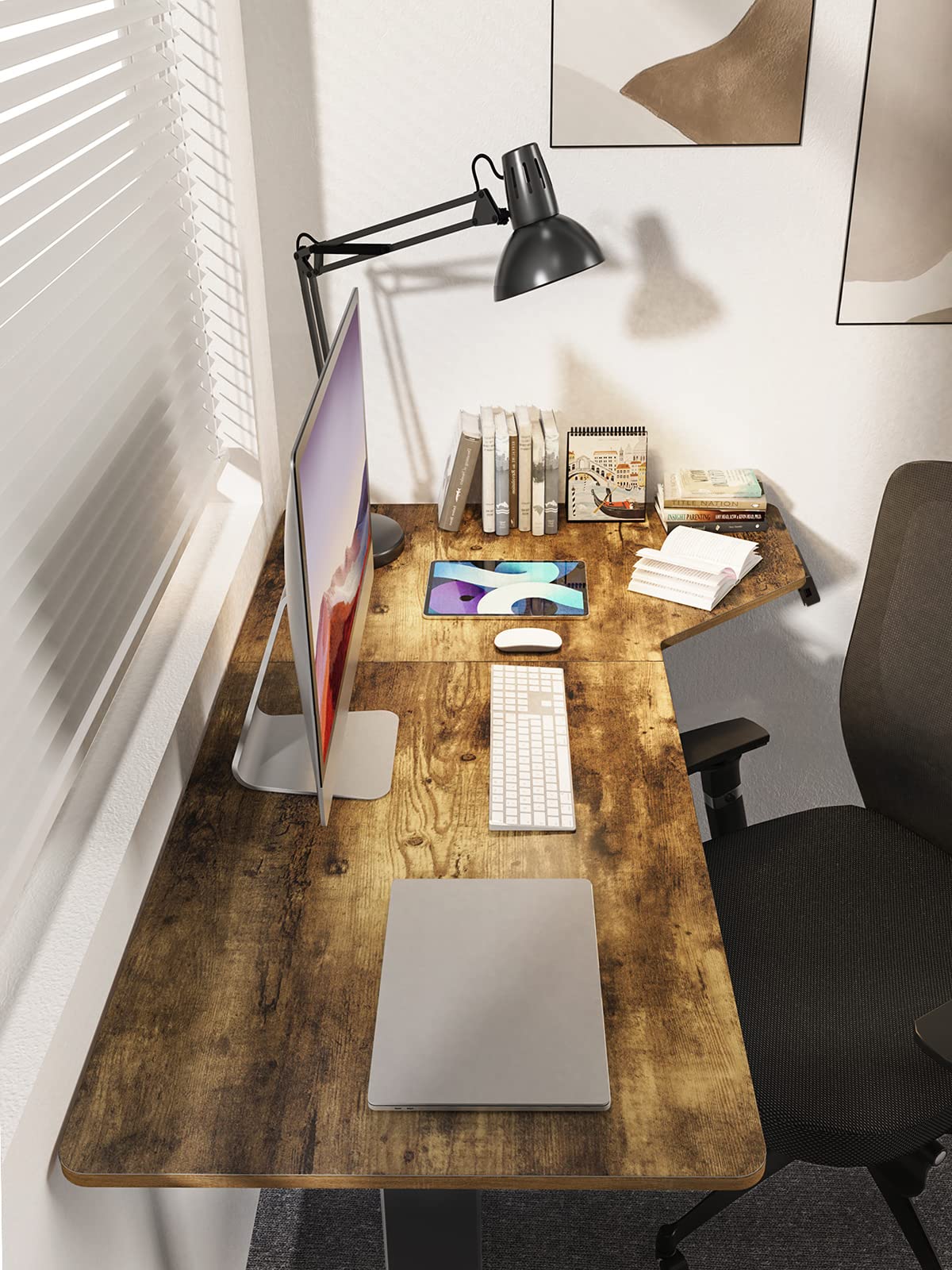 Marsail L Shaped Electric Standing Desk, 55x34 Inch Standing Desk Adjustable Height with Headphone Hook, Large Computer Desk Sit Stand Desk for Home Office Sturdy Writing Workstation, Vintage