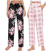 Komfokore Plaid Casual Pants for Women Loose Pajama Pants Elastic Waist Drawstring Pants with Pockets 2 Pack