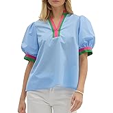 Huaqiao Womens Color Block Puff Short Sleeve Tee Shirt V Neck Cotton Tops Loose Fit Summer Blouses