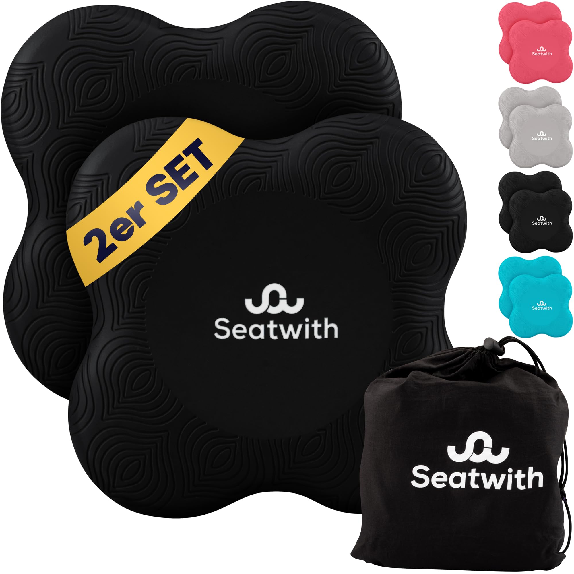 Seatwith Yoga Knee Pads for Women (Pack of 2) - Pilates & Yoga Cushion with Transport Bag + Training PDF Instructions - Maximum Relief & Support for Knees, Wrists & Elbows - 20 x 20 cm