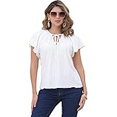 Allegra K Women's Summer Eyelet Top Ruffles Cap Sleeve Tie Neck Boho Casual Blouse