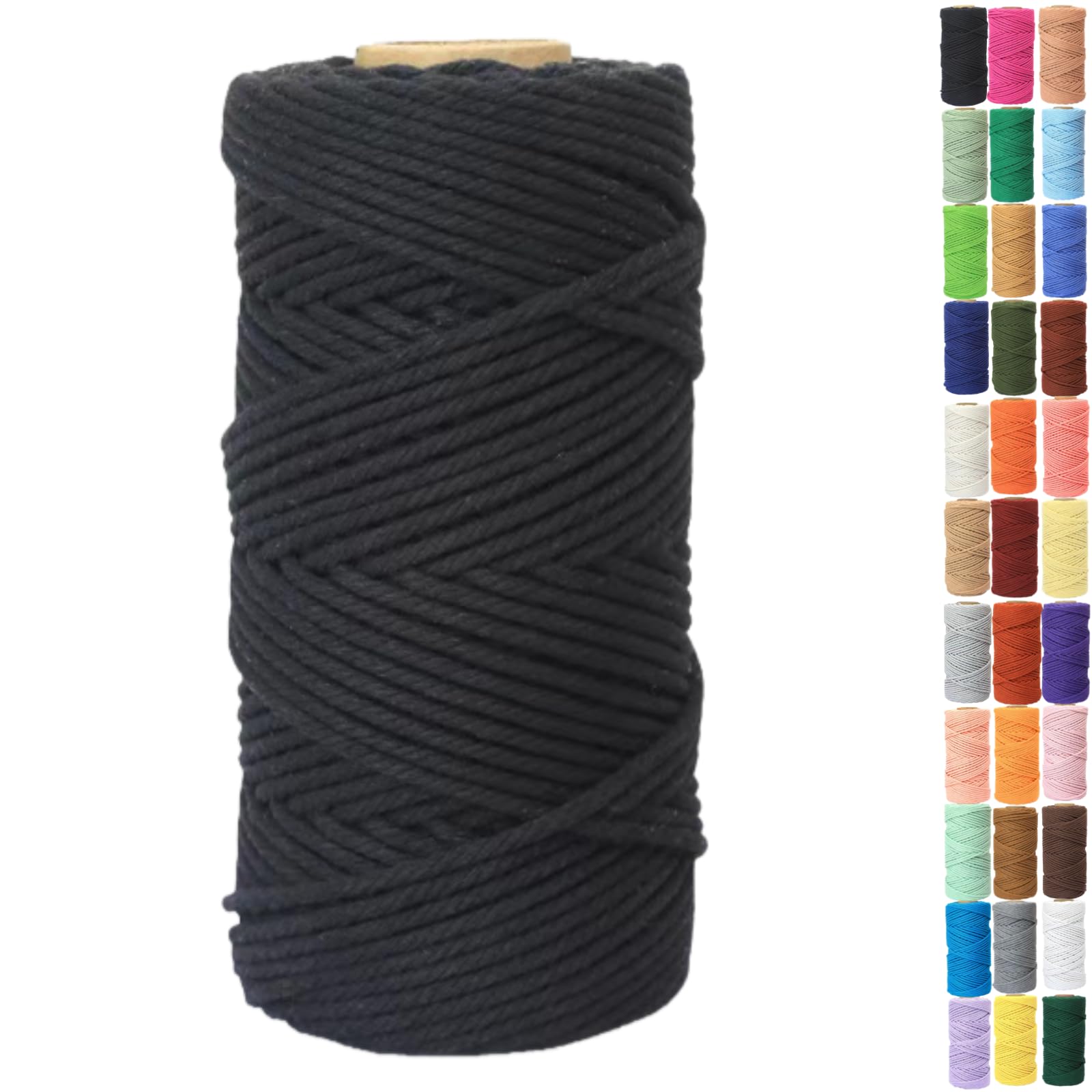 Binwat Macrame Cord Thick Natural Cotton Cord DIY Crafts Yarn Thread Twisted Spool Twine String Cotton Rope for Wall Hanging,Plant Hangers,Knitting,Decorative Projects 4mm x100m (Black)