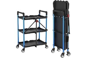 WORKPRO 3-Tier Collapsible Service Cart, 210 LBS Foldable Utility Service Cart with Wheels, Portable Tool Cart for Garage, Warehouse, Home, Restaurant, Office (No Assembly Required)