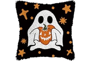 QIONG MENG Latch Hook Kits for Adults, DIY Halloween Ghost Pattern Pillow Cover Kit Needlework Cushion Cover Hand Craft Crochet for Home Sofa Decorations 17 x 17 Inch