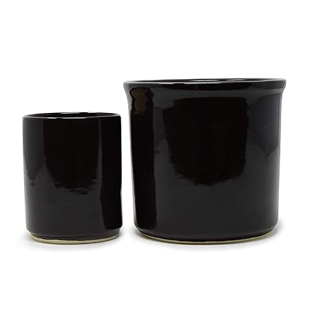 The Himalayan Goods Company - Set of Cylindrical Stoneware Ceramic Indoor Outdoor Planter Plant Pot Container (Black)