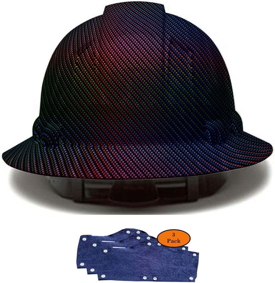Full Brim Hard Hat, Rainbow Carbon Fiber Design Safety Helmet 4pt + 3pk Blue Hard Hat Sweatband, by Acerpal