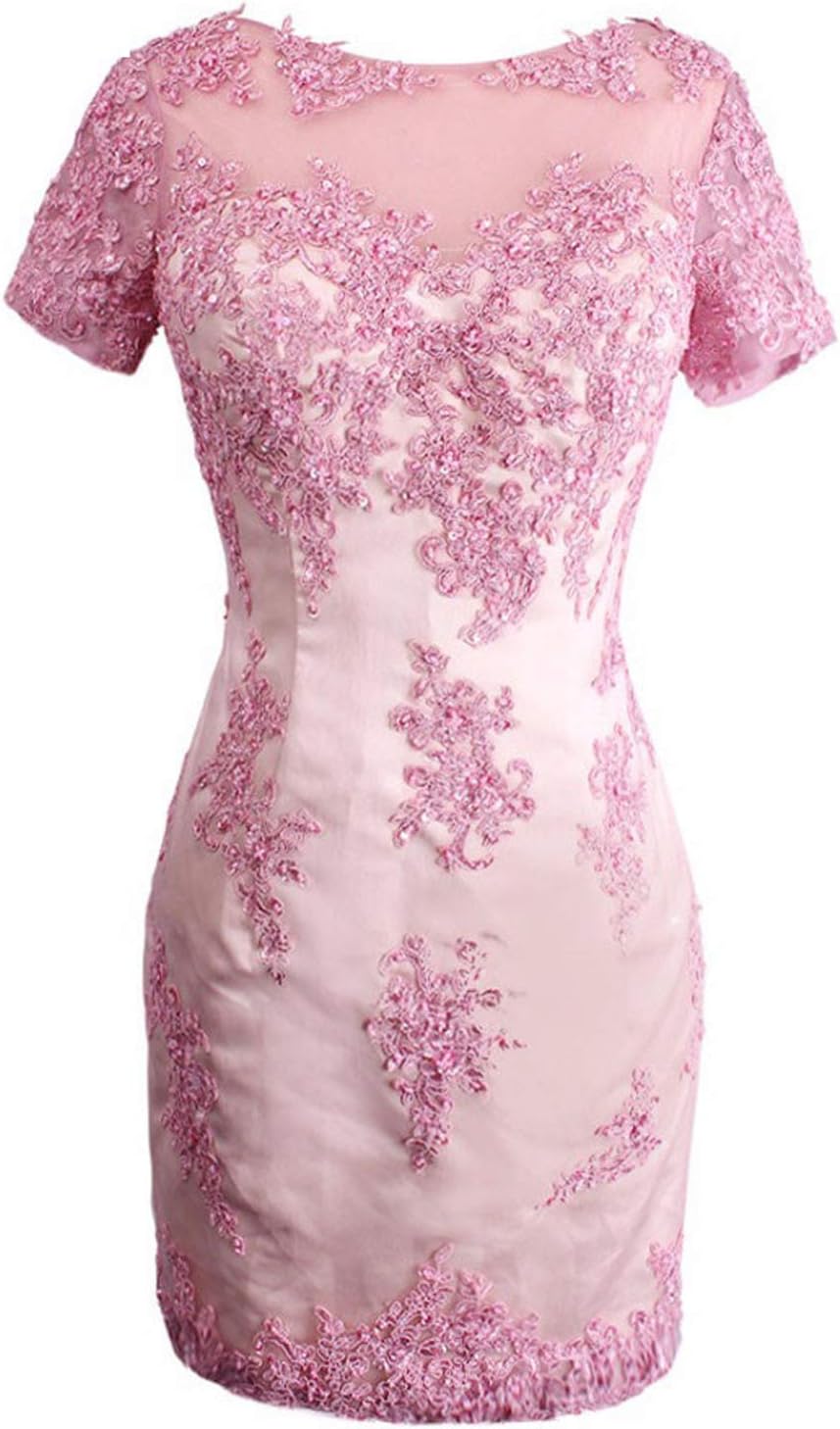 Ishmon Women's Bateau Neck Sheath Short Sleeves Lace Applique Mother Dresses