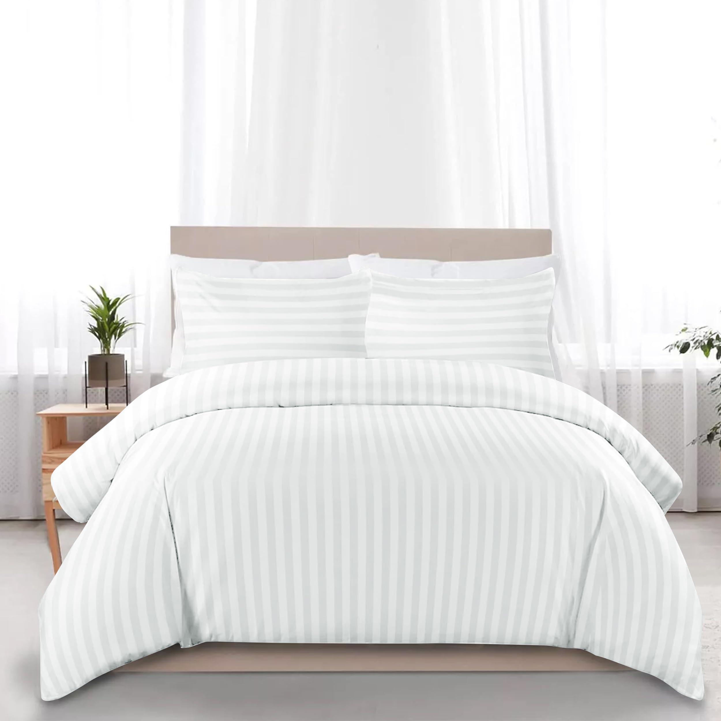 My home store White Double Duvet Cover Set - 100% Cotton Hotel Quality Stripe Quilt Cover Bedding Sets with 2 Pillowcases - Hypoallergenic Button Closure Soft Breathable Bed Covers