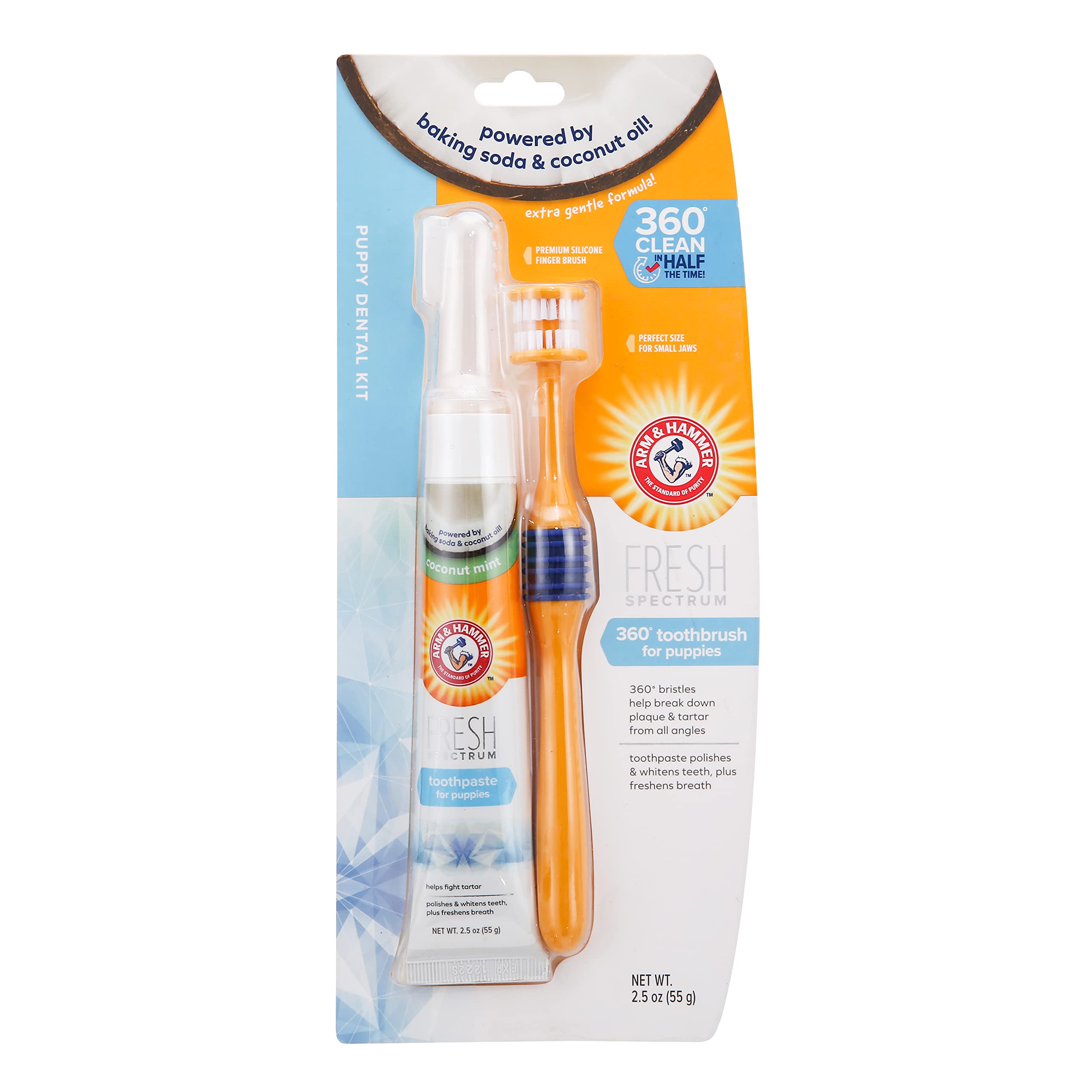 ARM & HAMMER Fresh Spectrum Coconut Dental Kit for Puppies, Includes Puppy Toothpaste, Toothbrush & Finger Brush, Removes Plaque, 360° Brush Deep Cleans all Tooth Surface, Easy to Use Dog Oral Care