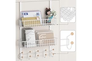 Aimeaihe Over The Door Hooks Organizer, Door Hange Towel Rack with 10 Coat Hooks & 2 Wire Basket Coat Rack, Over The Door Organizer Hanging for Bathroom Kitchen, Back of Door Storage Organizer(White)