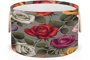 Ginfult Round Storage Basket Rustic Rose Florals Large Collapsible Nursery Bins with Cotton Rope Handles Toy Organizer Laundr
