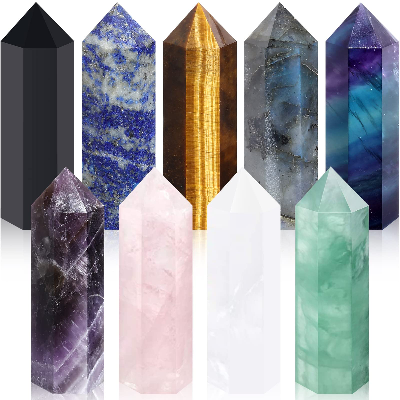 Photo 1 of ** ONE BROKEN CRYSTAL ** Junkin 9 Sets Healing Crystal Wand, Amethyst Rose Quartz Clear Quartz Tiger Eye Obsidian Fluorite Labradorite Lapis Lazuli for Meditation Crystal Therapy Reiki Supplies(Mixed Color,2-2.4 Inch)