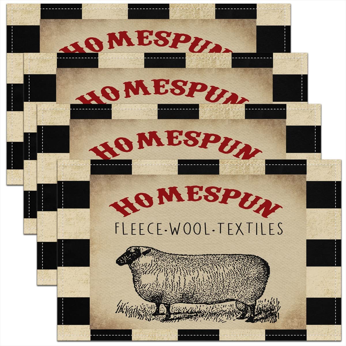 Photo 1 of jejeloiu Farm Placemats 12"x18", Rustic Farmhouse Sheep Animal Table Place Mats Set of 4, Farm Western Buffalo Plaid Indoor Outdoor Kitchen Dinner Party Decor Table Mats