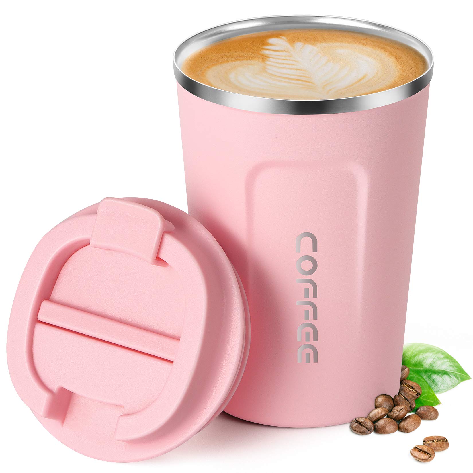 Smilatte 13oz (380ml) Vacuum Insulated Travel Mug, Leakproof Double Wall Stainless Steel Reusable Coffee Cup with Lid for Hot & Cold Drinks, Matte Texture Pink