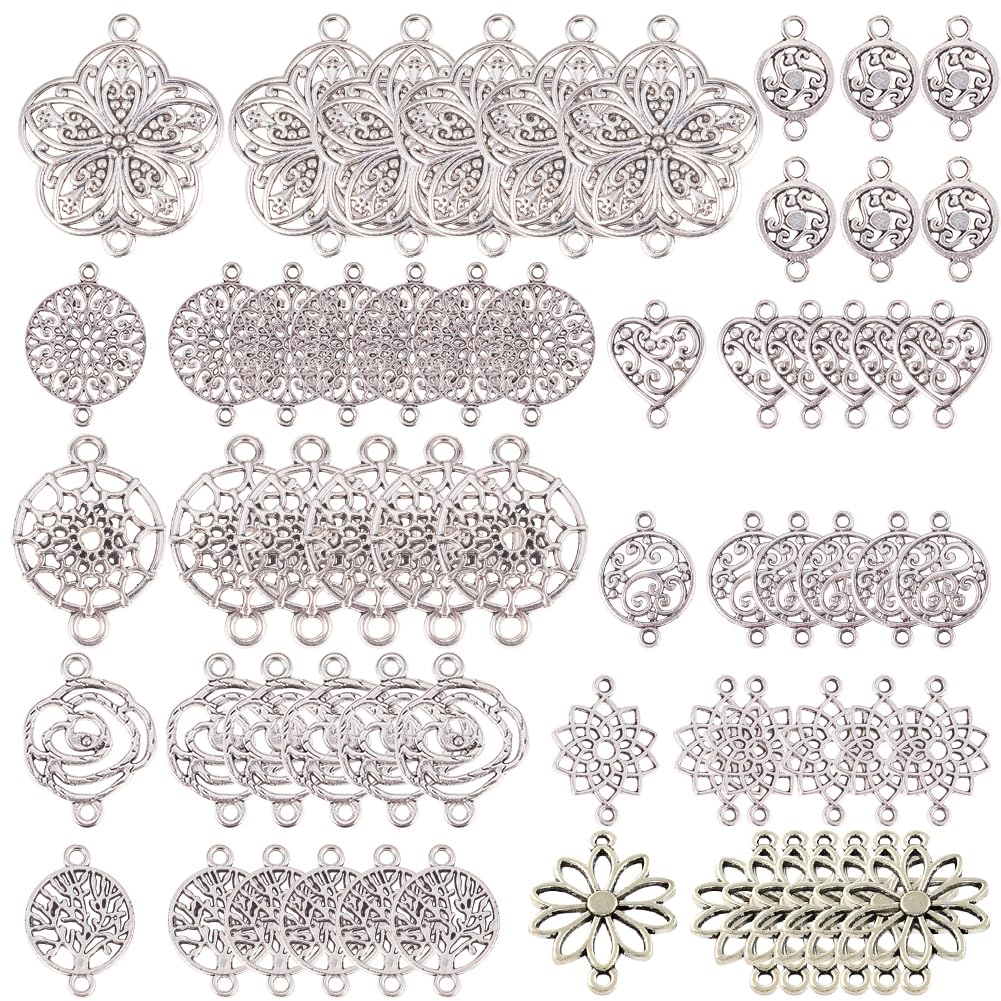 SUNNYCLUE 1 Box 60PCS 10 Styles Large Size Flower of Life Connectors Charms Heart Hollow Pendants for Jewellery Making Charms Necklace Bracelet Findings Craft Supplies Accessory, Antique Silver