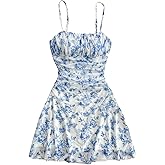 Milumia Girl's Floral Mesh Ruched Cami Dress Spaghetti Strap A Line Summer Short Dresses