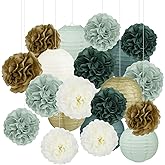 20 Pcs Sage Green Party Decorations Hanging Paper Lanterns and Paper Pom Poms Flowers for Baby Shower Wedding Birthday Party Supplies(Gold/Ivory/Sage Green)