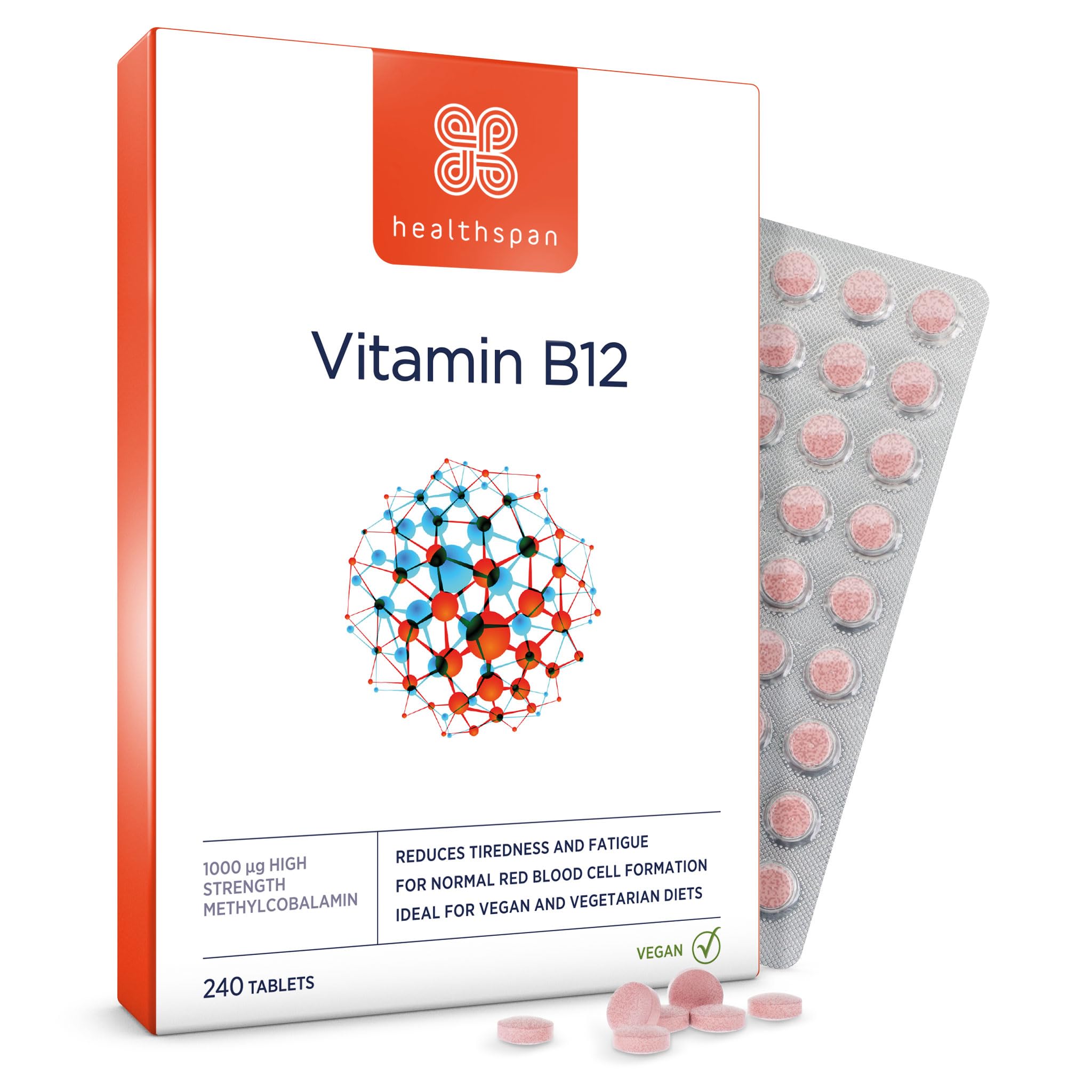 Healthspan Vitamin B12 1,000µg | 240 Tablets | Immune Support | Tiredness & Fatigue | One-A-Day Tablet | Easy to Swallow | Vegan