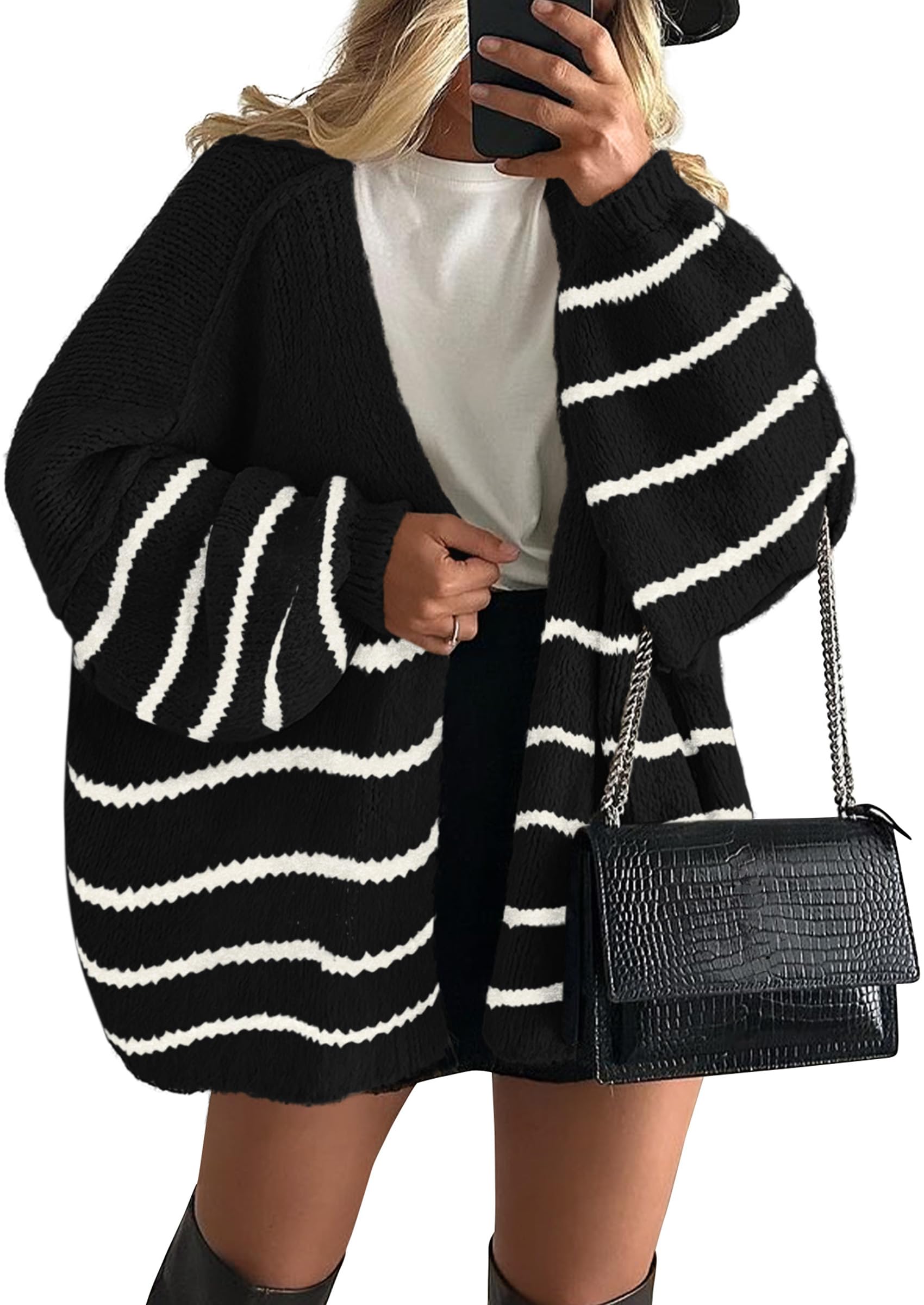 PRETTYGARDEN Womens Oversized Cardigan Sweaters 2026 Fall Long Lantern Sleeve Knit Open Front Lightweight Sweater (Striped Black White,X-Large) Image