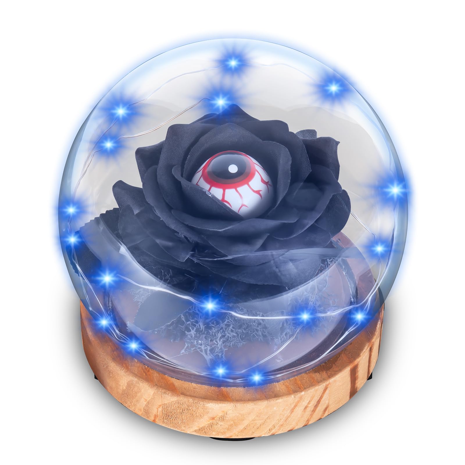 Photo 1 of Halloween Preserved Flower Crystal Globe Decor, Embedded Black Roses & Scary Devil's Eyes, Blue Glowing Glass Dome, Unique Flower Light for Desk Decorations
