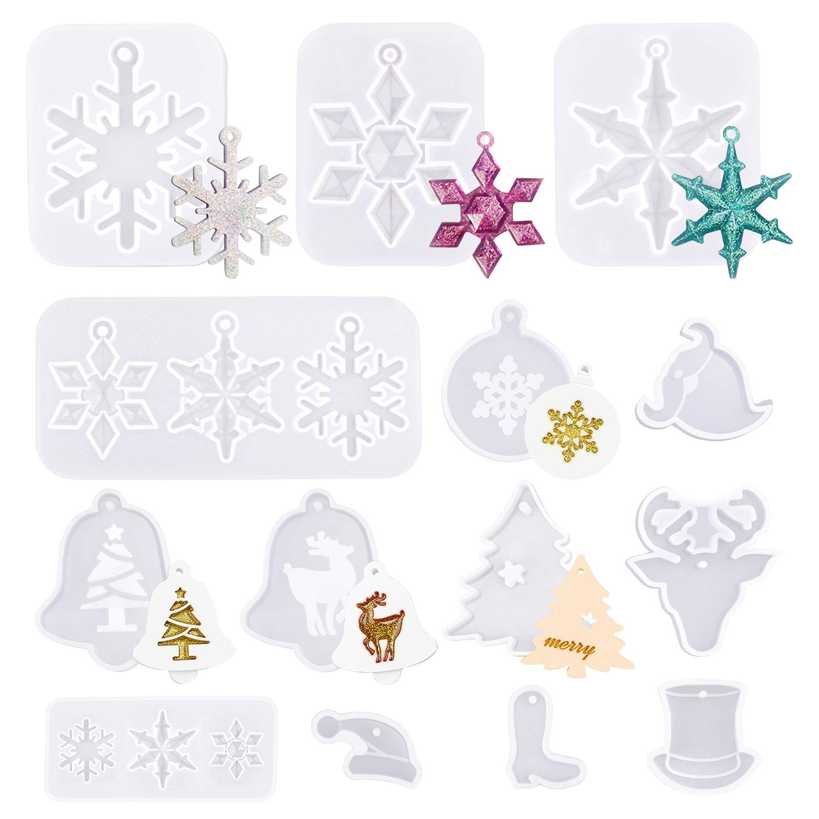 WANDIC 14pcs Christmas Pattern Epoxy Resin Molds Silicone Handmade Jewelry Molds for Craft DIY Christmas Tree Snowflake Fixed Santa Hat Making
