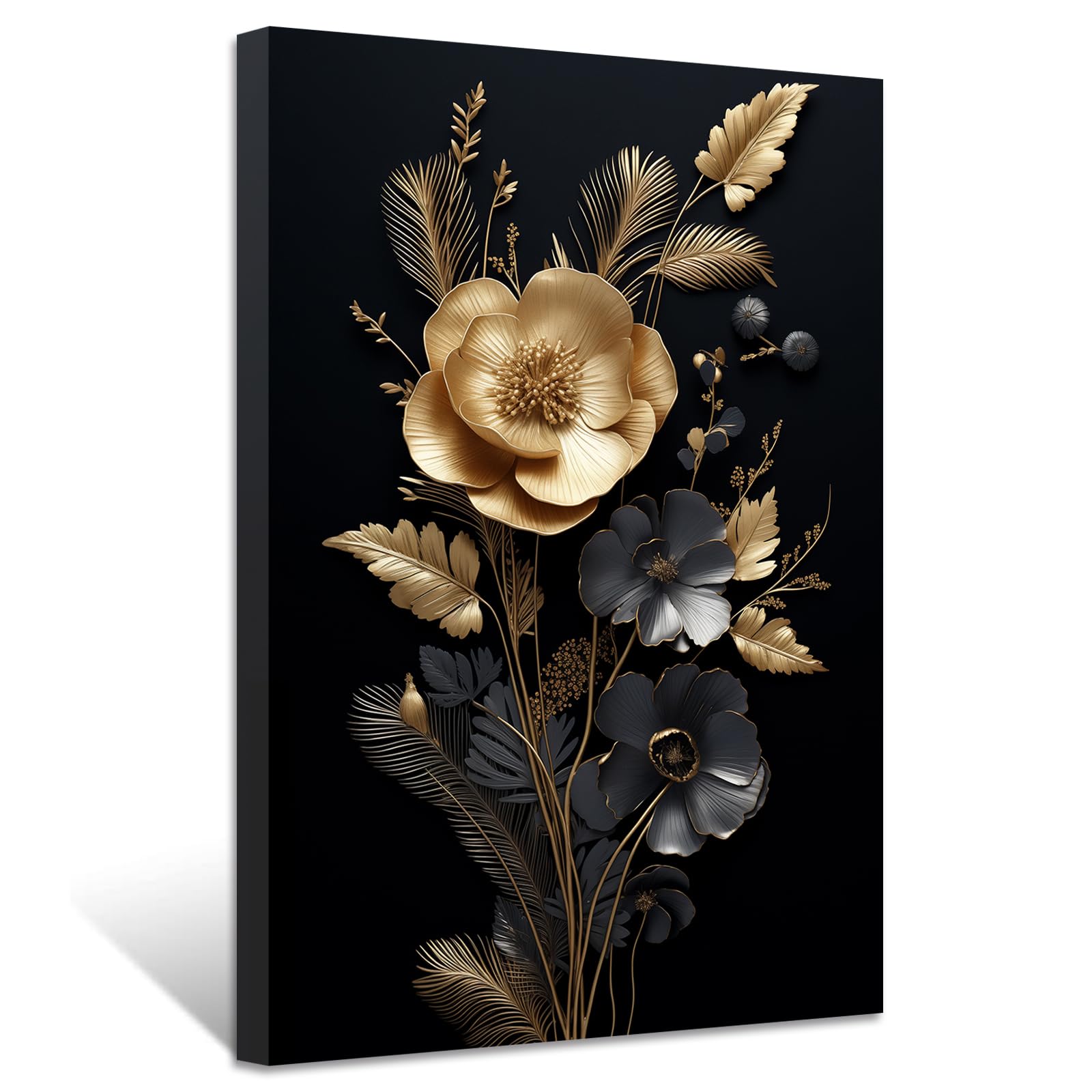 ZXHYWYM Golden Flowers Leave Wall Decor Abstract Black Gold Picture Painting Elegant Floral Canvas Prints Modern Artwork for Living Room Framed (Picture-3, (12.00" x 18.00"))