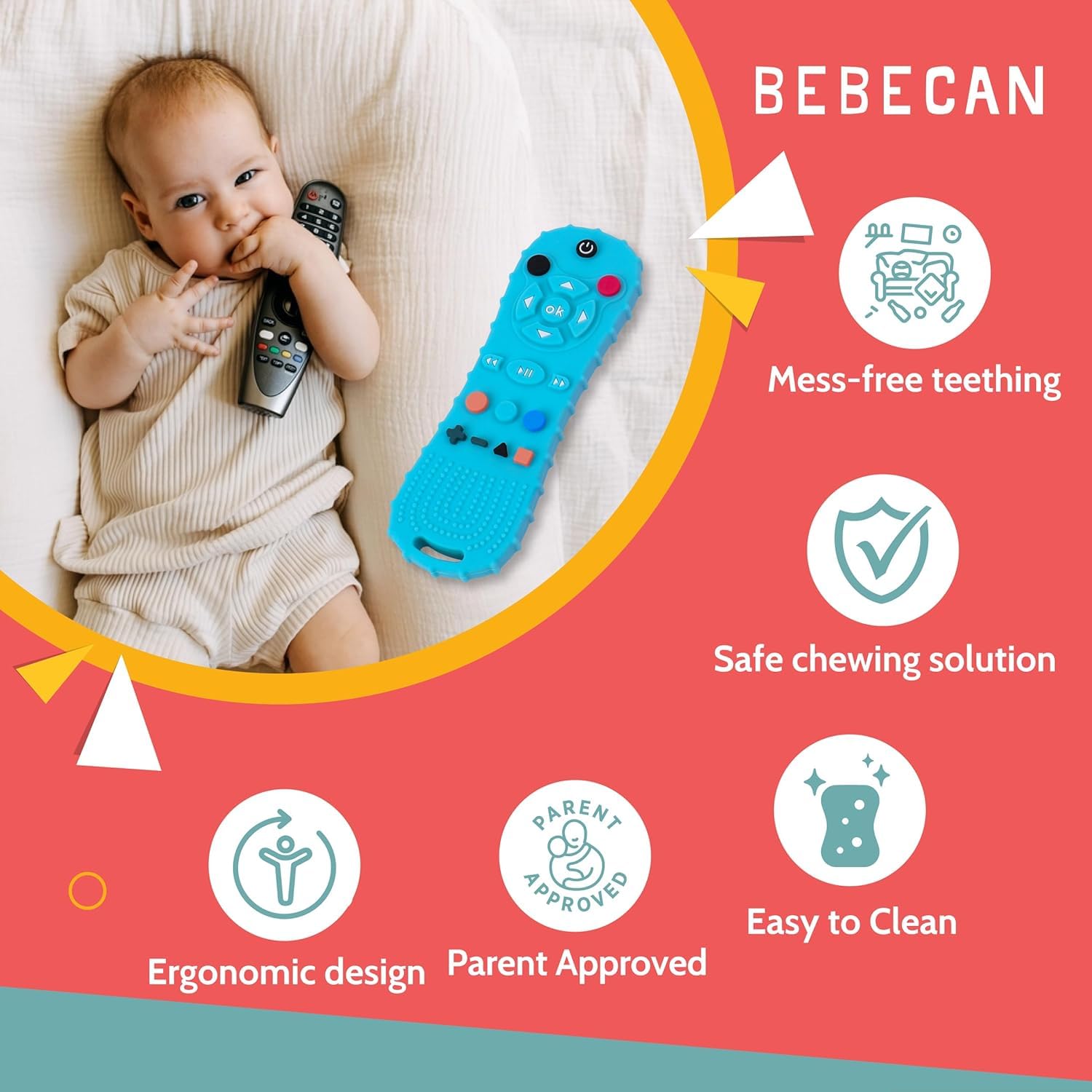 BEBECAN 3 Pack Silicone Baby Remote Teether Chew Toy for Infant TV Teething Remote Control Shape for Babies 3 6 9 12 18 24 Months Safe Food Grade Silicone BPA Free