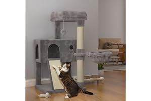 SHA CERLIN Cat Tree 36 Inches Cat Tower with Hammock, Sisal Scratching Post for Indoor Kittens, Small Room, Grey