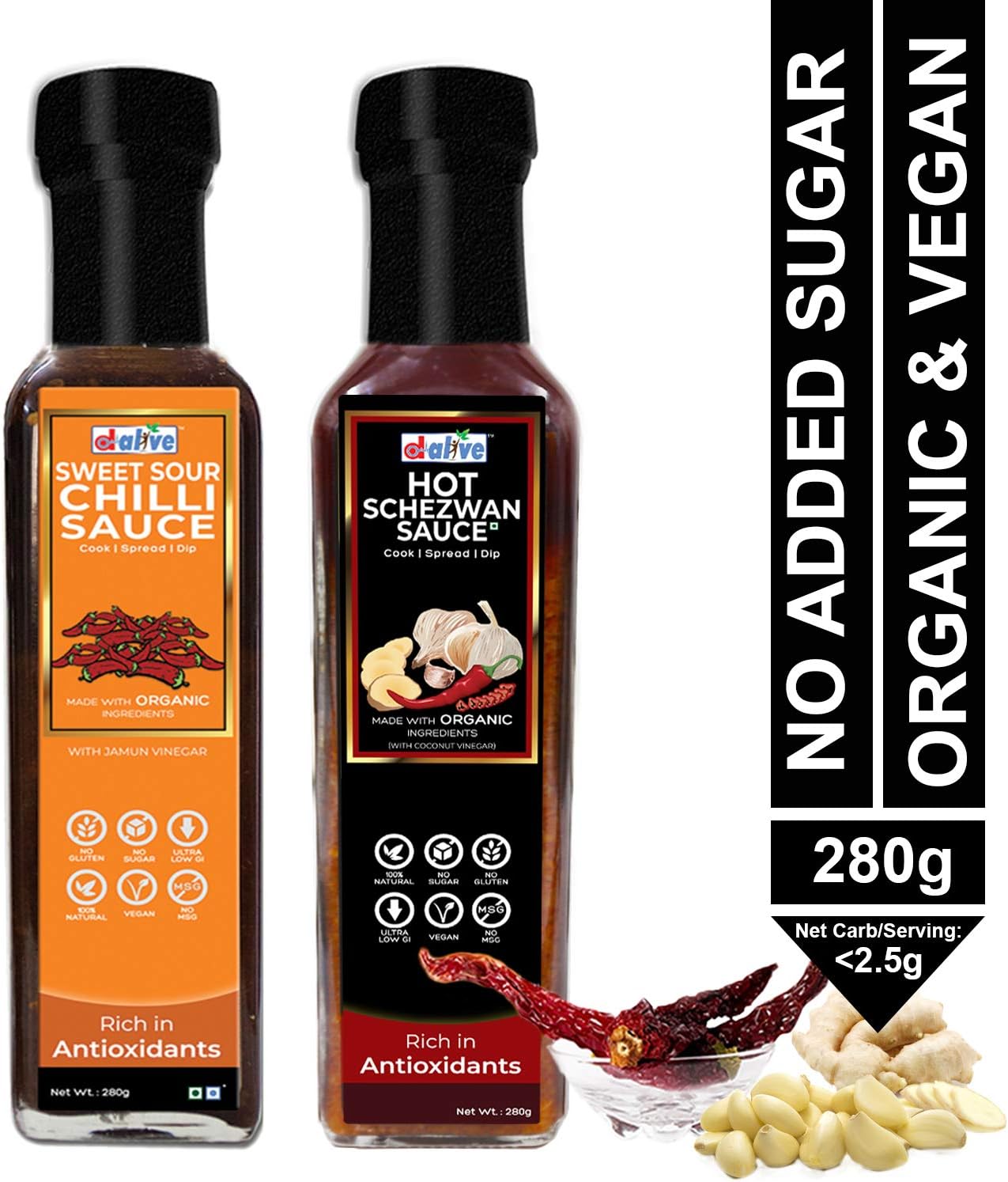 d alive Sweet Sour Chilli Sauce, 280g + Hot Schezwan Sauce, 280g (Sugar-Free, Organic, Gluten-Free, Low Carb, Vegan, Diabetes & Keto Friendly) - Made in Small Batches, Packed in Glass Bottles
