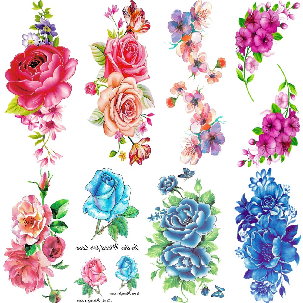 Flowers Temporary Tattoos for women sexy 8 Pcs by Yesallwas Large Tattoo Sticker Fake Tattoos for kids girls teens,waterproof and Long Lasting sexy body tattoos -Rose, Peony Flower,Blue Rose