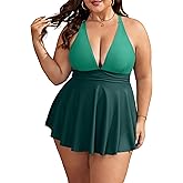 B2prity Women's One Piece Swimdress Swimsuit Plus Size Tummy Control Swim Dress V Neck Push Up Skirted Bathing Suit