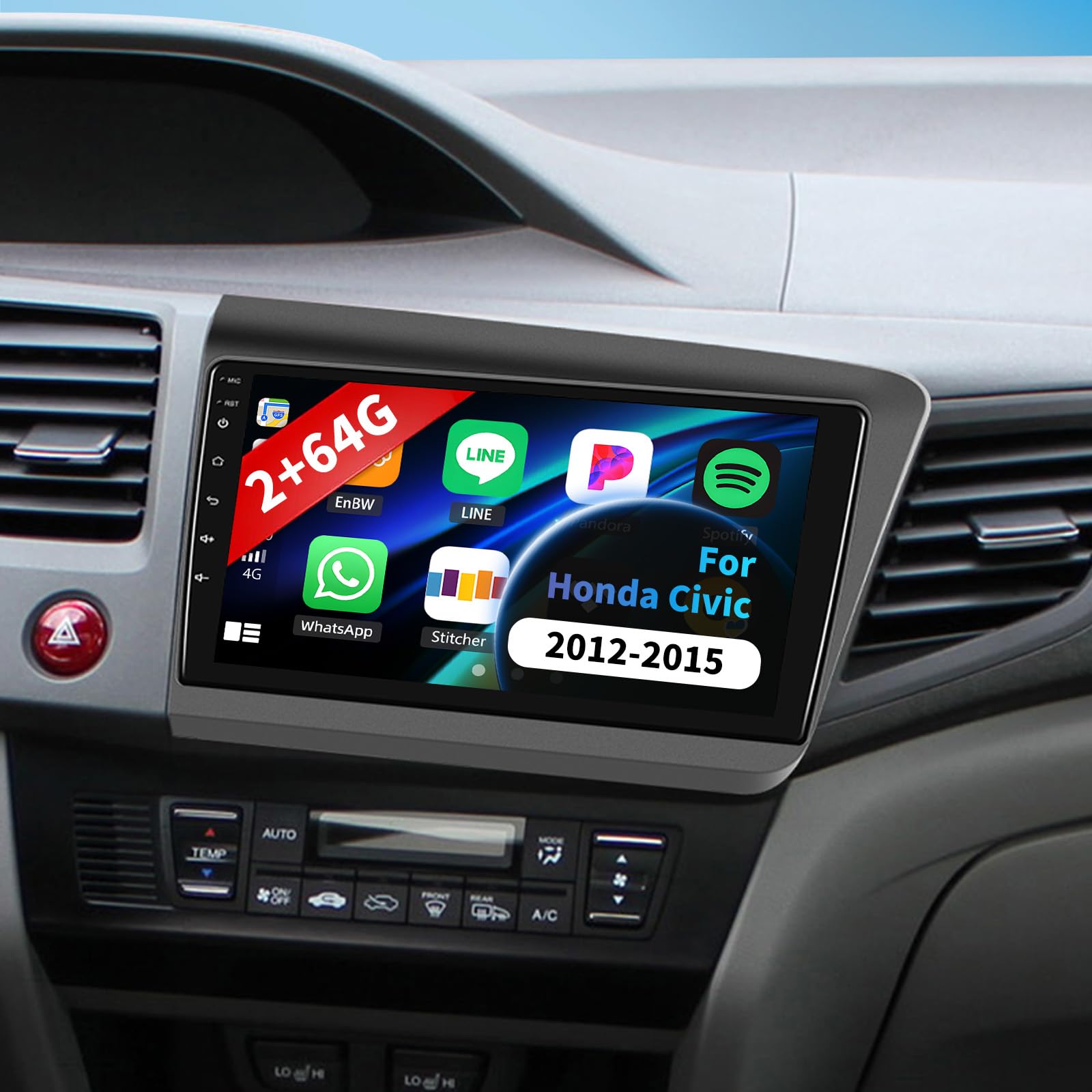 Photo 1 of 2+64G Android 15 Car Stereo for Honda Civic 2012-2015 with Wireless CarPlay Android Auto, 9" IPS Touchscreen in Dash GPS Radio with Navi WiFi Bluetooth FM RDS Radio EQ SWC + Backup Camera & MIC