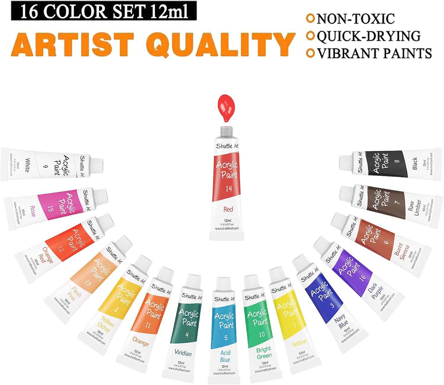 Shuttle Art Acrylic Paint Set, 16 x12ml Tubes Craft Paints for Children Acrylic Paint Kit for Clay Model, Poster - Image 3